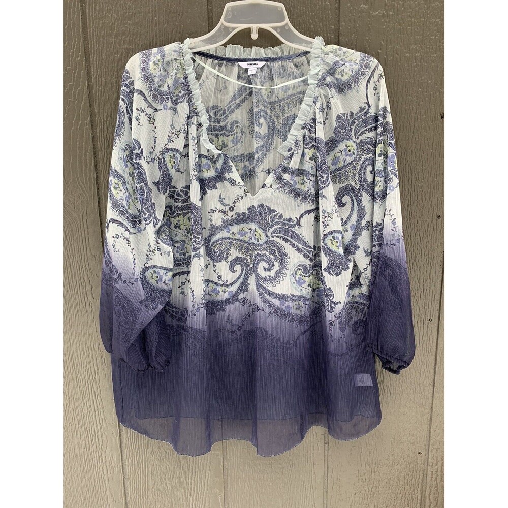 Sonoma Sheer Lightweight Top Size Large 3/4 Sleeve Vneck Ruffle